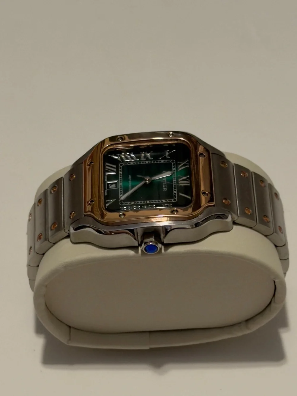Cartier Santos Two Tone Watch Green Dial.